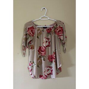 Discreet Womens Large Beige Blouse Floral Rose Short Sleeve Elastic Collar